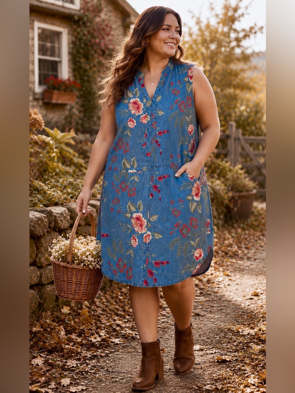 Beige by ECI Size 12 Embroidered Chambray Denim Floral Sleeveless Dress Boho